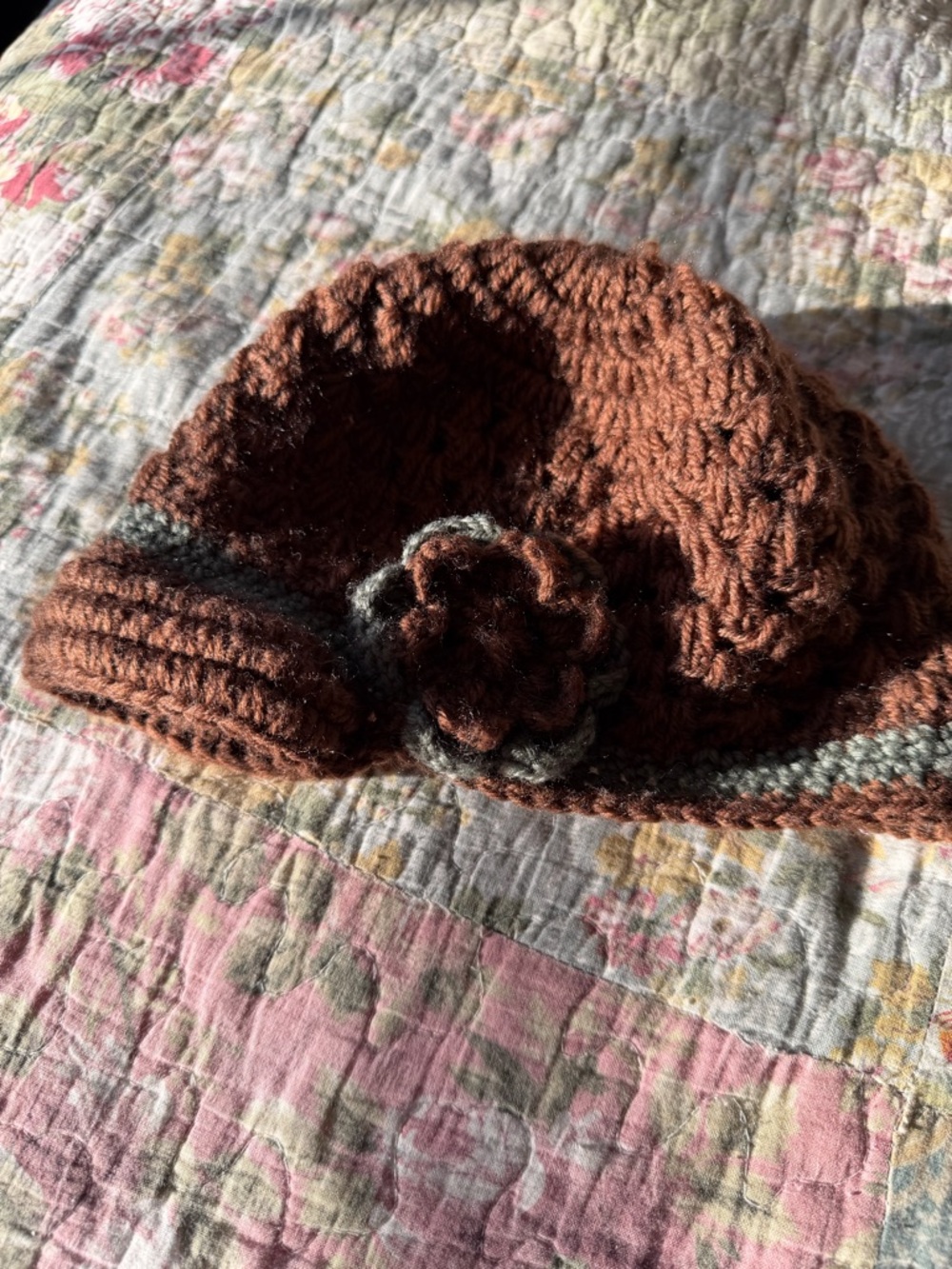 Alaska Chicks Crocheted Slouchy Beanie with Flower Accent - Brown & Sage Green
